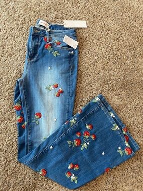DRIFTWOOD Blue Straight-Leg Bell bottom Jeans with Red Strawberry Embroidery